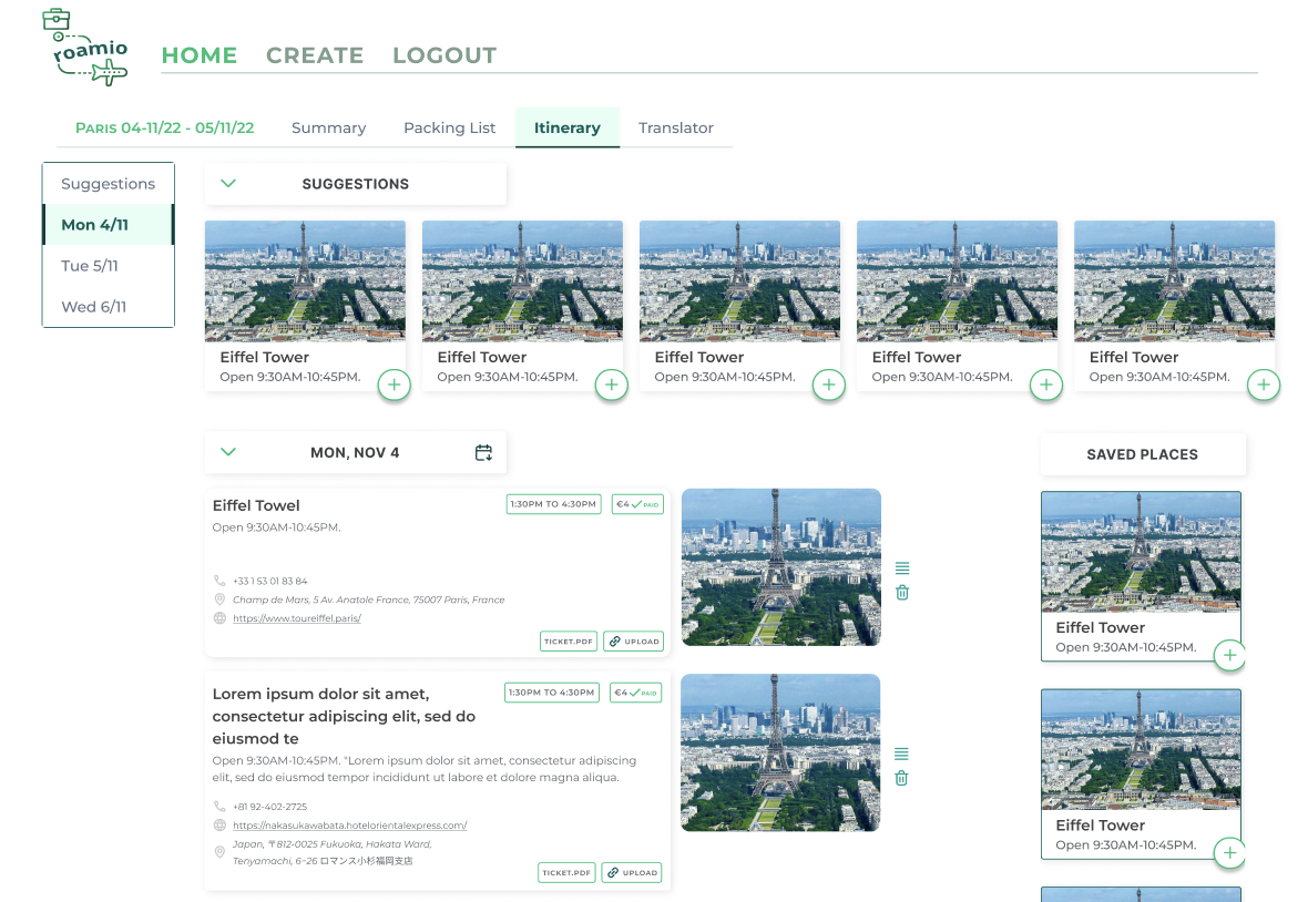 Itinerary Page